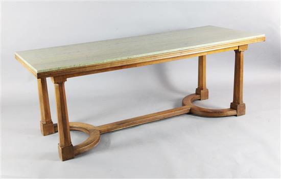 Sir Edward Brantwood Maufe (1882-1974). A walnut Swedish green marble topped refectory table, made by Crossley and Brown, L.6ft 6in.